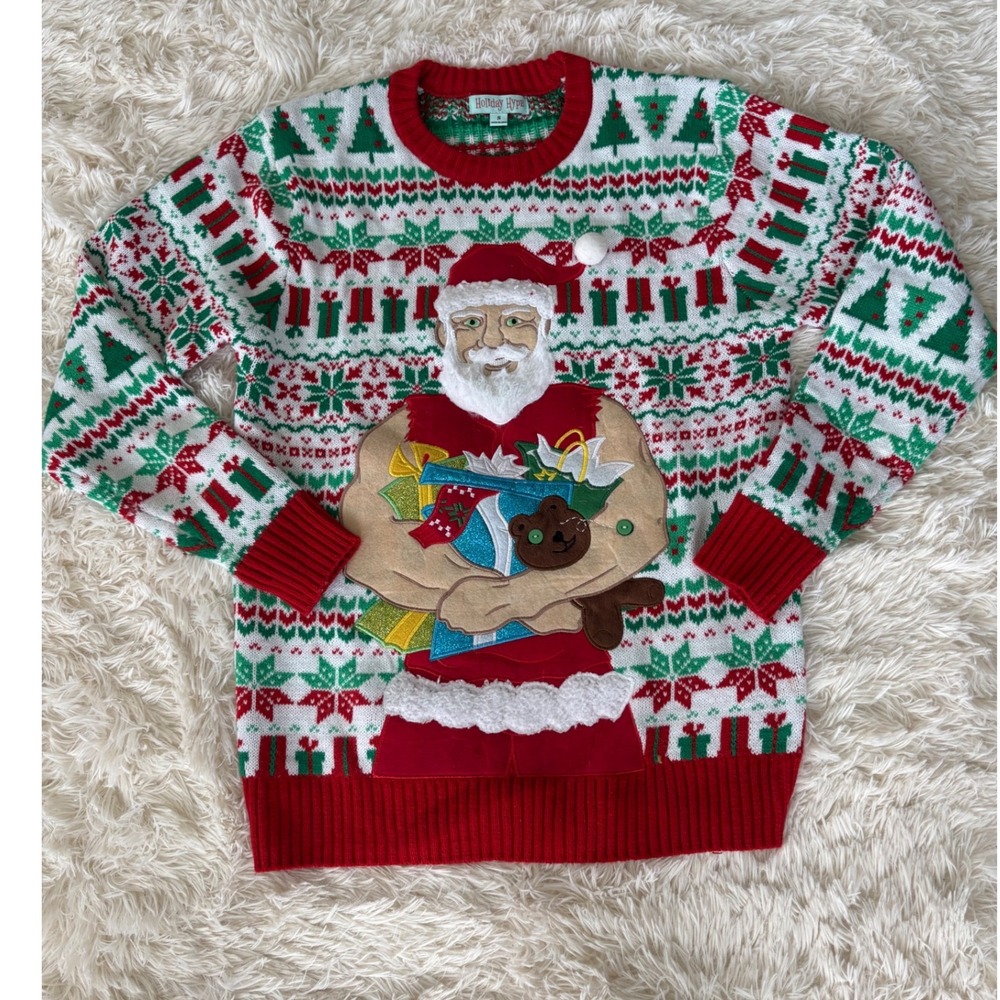 Holiday‎ Hype Ugly Christmas Sweater Santa Claus Muscle Small S